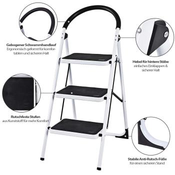 HAUSMARKT 3-Stufen-Stahlleiter – Klappbare Trittleiter mit Handgriff & rutschfesten Trittflächen, 110x46x70,5 cm, 150 kg belastbar